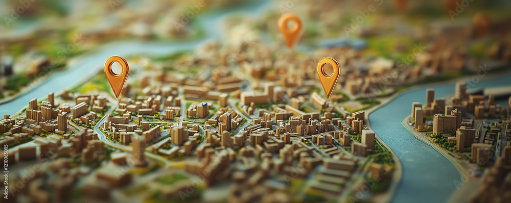 Poster miniature city model displayed as a digital map with precise location markers pinpointing important 