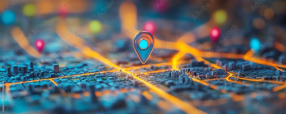 Poster miniature city represented as a digital map, with location markers placed on key points, offering a 