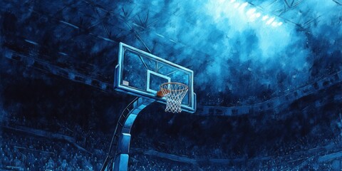 Close-up shot of basketball hoop under intense blue lighting, set against vibrant stadium filled with cheering fans during an energetic game.