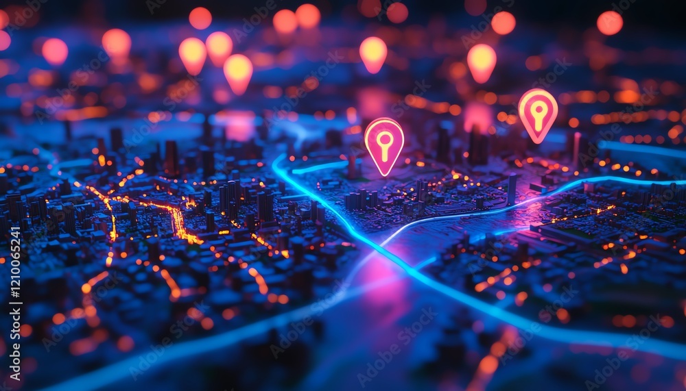 Poster miniature city model on a digital map with glowing location markers highlighting key points, blendin