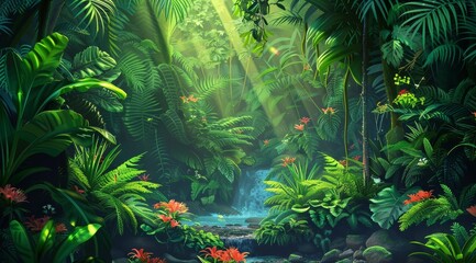 Lush green tropical rainforest with a small stream flowing through it, sunlight shining through the canopy, creating a magical atmosphere.