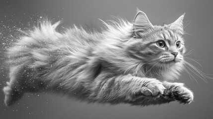 Grey cat leaping, studio shot, motion blur, pet poster