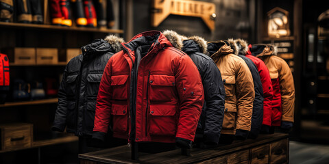Naklejka premium Collaborative Brand Partnership Display of Stylish Winter Jackets in Fashion Retail Store