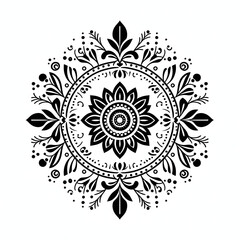 Intricate black and white mandala, floral motif, circular design, symmetrical pattern, botanical elements, ornate details, decorative flourishes, geometric shapes, radial composition, monochrome