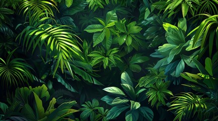 Fototapeta premium A lush green jungle with a variety of leaves and plants, illuminated by a soft light.