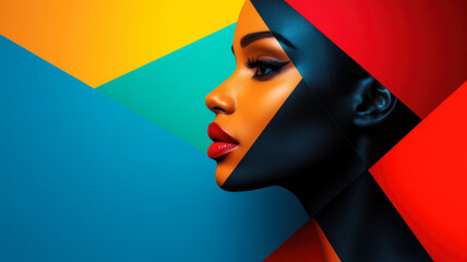 Woman Portrait made of geometric shapes, bold colors, and gradient background