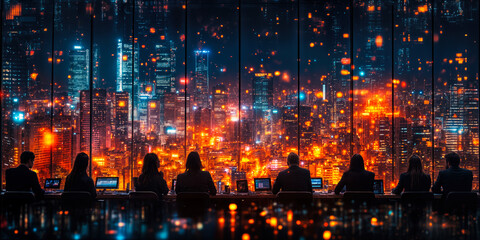Fototapeta premium Business Networking Concept Overlooking Illuminated Cityscape for Strategic Peer Connections