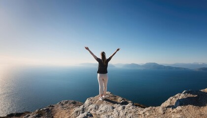 person standing on a mountain top with arms outstretched, symbolizing freedom, limitless potential, and discovery