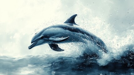 Dolphin leaping ocean waves, coastal background, marine wildlife