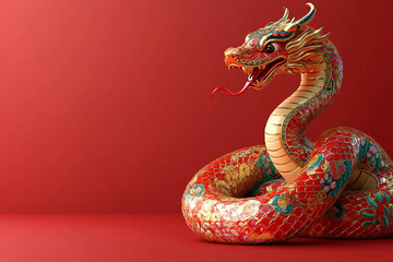 Obraz premium A vibrant, intricately designed dragon sculpture with a red and gold color scheme, coiled elegantly against a solid red background. 