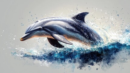 Fototapeta premium Dolphin leaping ocean wave splash grey background marine wildlife poster