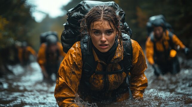 Woman leads team through muddy river, forest background, survival training