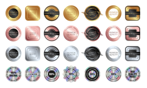 Big set of square and round golden, silver, rose gold and holographic sticker, label, badge, icon, logo for Premium quality products. Vector illustration