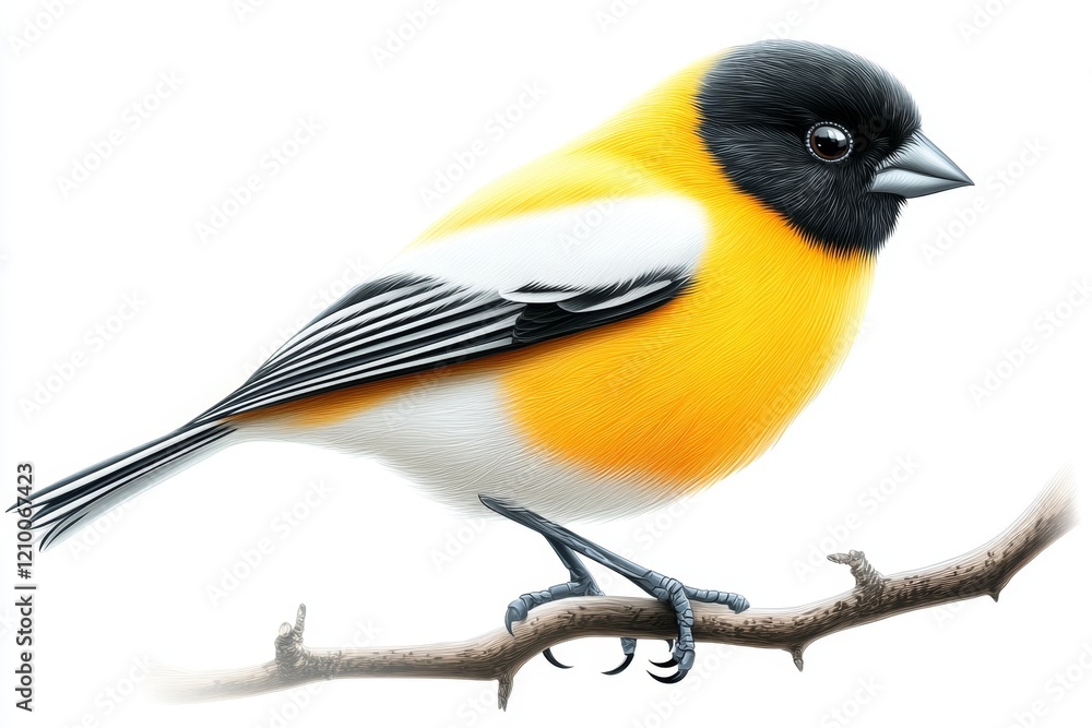 Poster a flat design of a yellow bird perched on a branch, with simple details and soft shades, placed agai