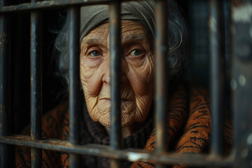 Prisoner face behind metal bars Generative Ai