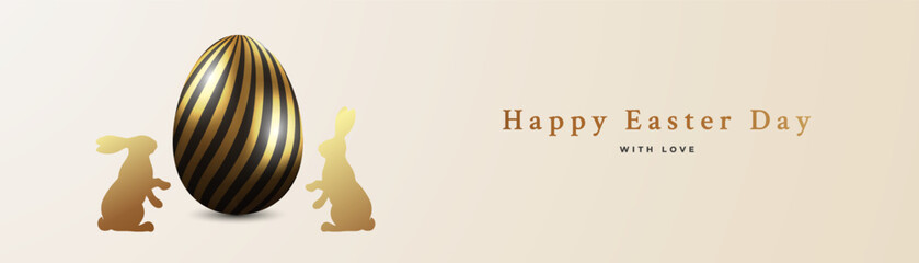 Happy Easter creative design with realistic 3d Easter eggs in black and gold color and hand drawn bunnies. Modern template for greeting banner, card, advertising sale, web, horizontal poster.