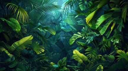 A lush jungle scene with sunlight filtering through the canopy.