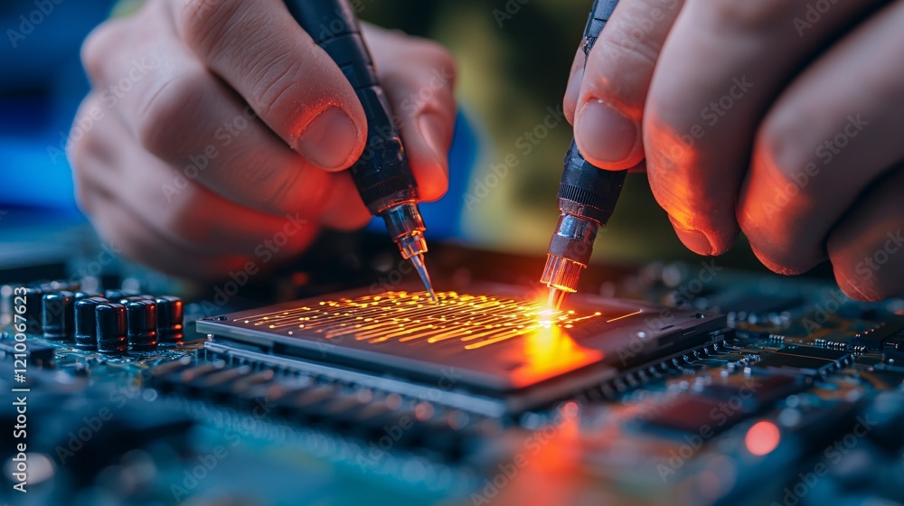 Poster precision electronics repair workshop technical procedure high-tech environment close-up view innova