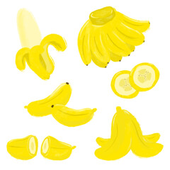 set yellow Bananas fruits slice ripe peel cut watercolor brush crayon illustration digital sticker clipart healthy diet organic