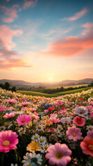 Wildflower-filled meadow under a pastel sunset, softly rolling hills on the horizon