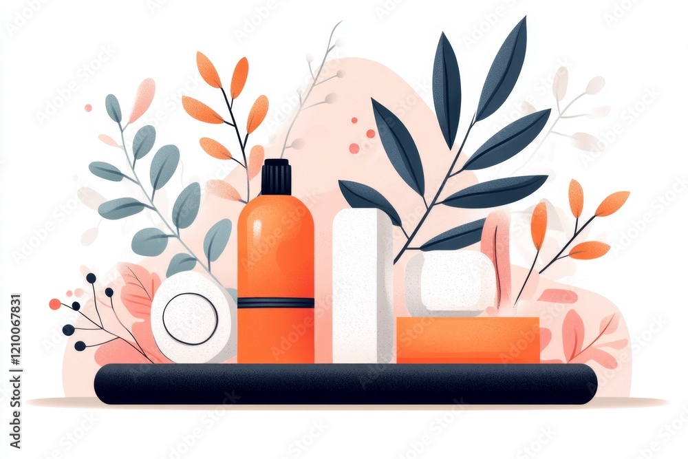 Aufkleber A flat vector design of a yoga mat with a single block and strap, placed on a soft pastel-colored background