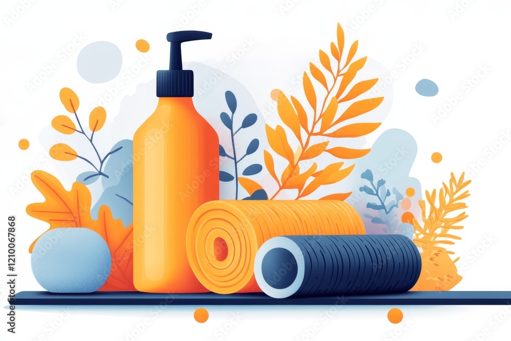 Poster a flat vector design of a yoga mat with a single block and strap, placed on a soft pastel-colored ba