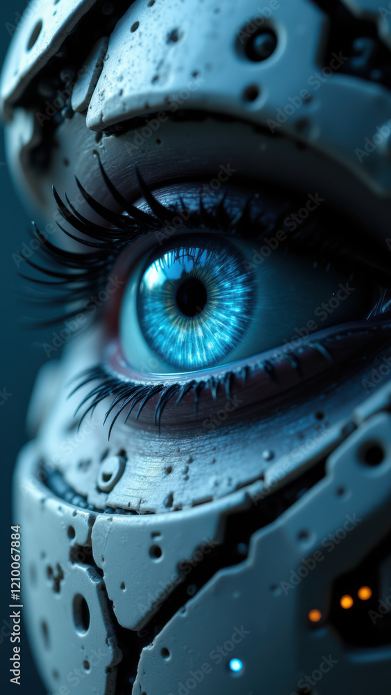 Poster eye of an advanced humanoid robot with wet metallic surface.