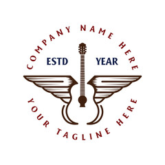 Vintage Retro Guitar Wing Wings for Music Band Concert Festival Logo Design