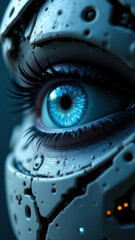 Eye of an advanced humanoid robot with wet metallic surface.