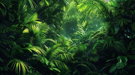 Lush green jungle foliage with sunlight filtering through the leaves.