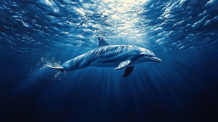 Fototapeta premium Dolphin swimming underwater, sunbeams, ocean, marine life, nature, peaceful scene, poster