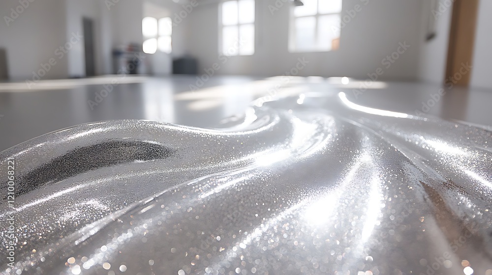 Poster liquid light sculpture: a shimmering, translucent sculpture resembling a flowing river of light, its
