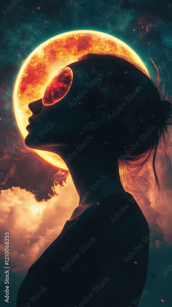 Poster surreal representation of a glowing woman with an ethereal celestial background at twilight