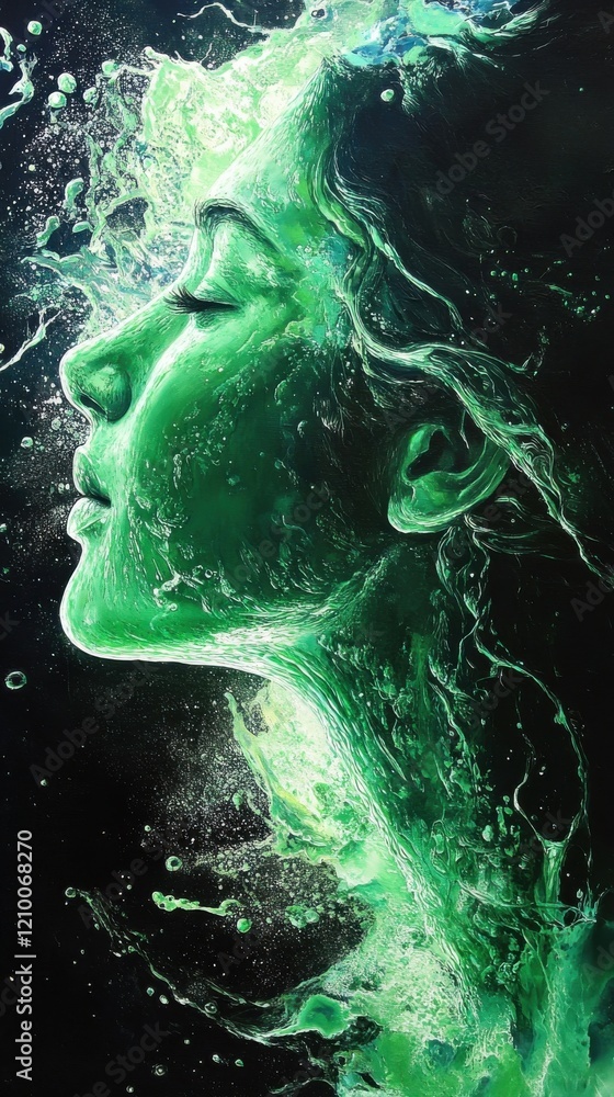 Poster surreal glowing representation of a woman with flowing green elements in a dark background highlight
