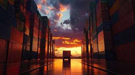 A cargo truck moves through a port terminal filled with stacked containers, silhouetted by a vibrant sunset. Maritime logistics.