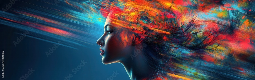 Poster Surreal glowing representation of a woman with vibrant colors and a dreamlike atmosphere in an artistic rendition