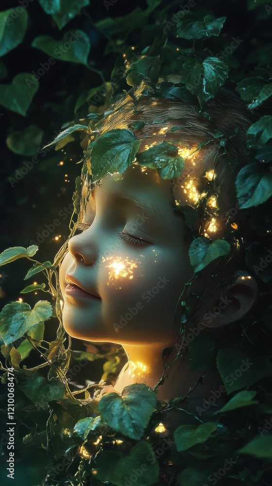 Poster surreal portrait of a glowing child surrounded by enchanting green leaves in a mystical forest