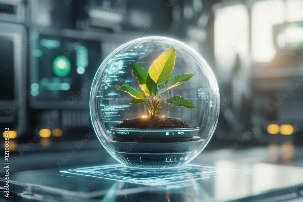 Poster a futuristic scene of a glowing yucca plant in a transparent pod, surrounded by a high-tech, sleek m
