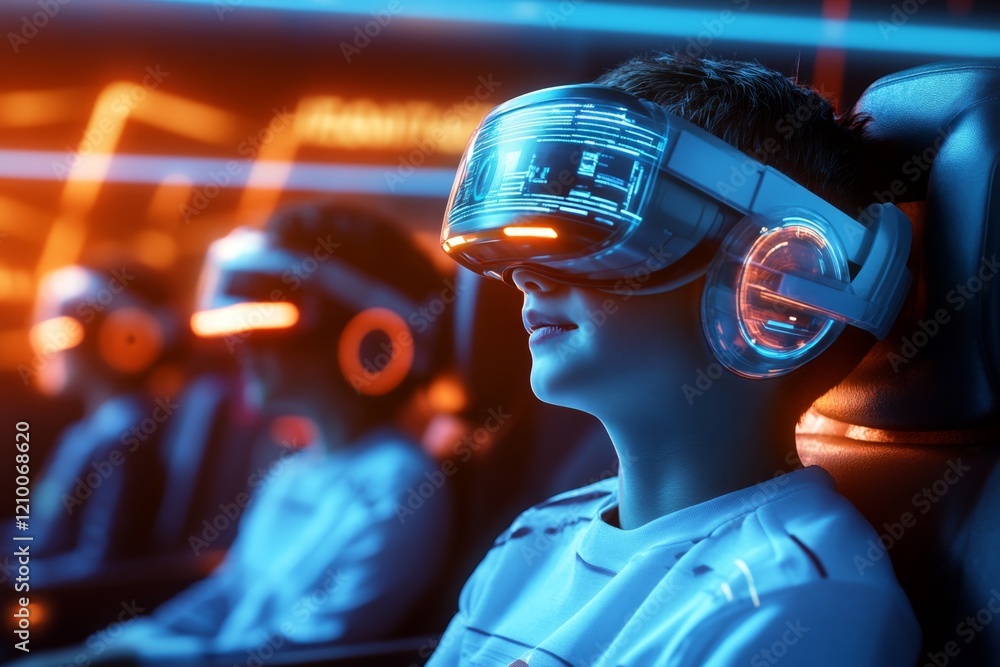 Poster a futuristic scene of youth gathering in a virtual reality lounge, with glowing vr headsets and holo