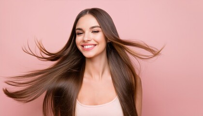 Fototapeta premium Beautiful Young Female Model Shaking Her Gorgeous Hair in Motion, Isolated on Pastel Color Background 