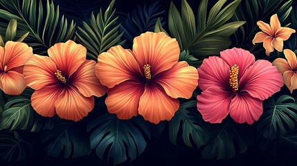 Tropical Hibiscus Bloom: Vivid hibiscus flowers in vibrant orange and pink hues burst forth from a lush backdrop of verdant tropical foliage.