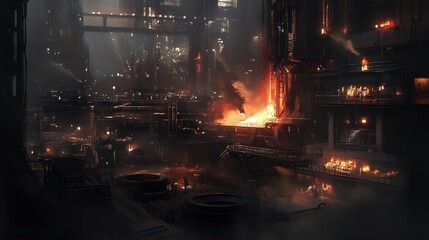 Fiery Industrial Night Scene Digital Art Painting