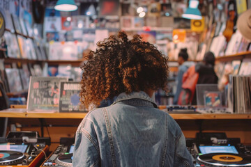 Generative AI image of hipster person in vintage music shop with retro vinyl records and tapes collection