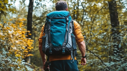 Portrait of a young man tourist walking in the middle of the early autumn forest with big travel backpack