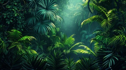 Lush green tropical jungle with a ray of light shining through the dense foliage.
