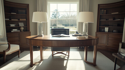 stylish contemporary home office featuring wooden desk, elegant lamps, and bookshelves. large window offers view of outdoors, creating bright and inviting workspace
