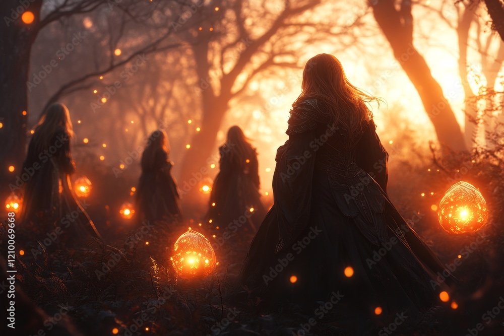 Poster a gothic depiction of a group of youth standing together in a dark forest, with glowing lanterns and