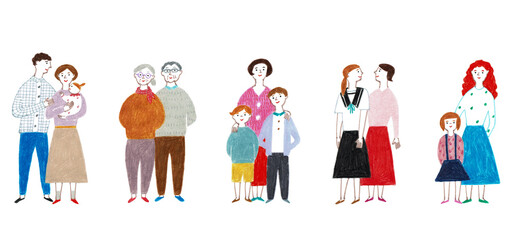 手描きイラスト　様々な世代の世代家族のセット