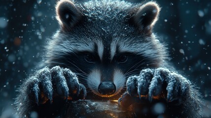 Obraz premium Snowing Raccoon Winter Forest Night Wildlife