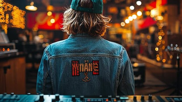 The Denim DJ: A rear view of a young, blonde-haired person wearing a denim jacket with a unique back patch, standing behind a DJ mixer in a vibrant, dimly lit club setting.